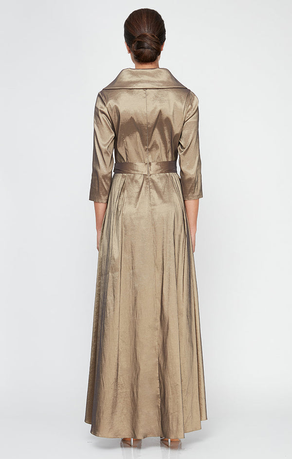 Portrait Collar Stretch Taffeta Dress with High Low Hem and Tie Belt