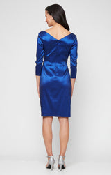 Short Stretch Taffeta Sheath Dress with Surplice Neckline, Cascade Skirt and Embellishment Detail at Hip