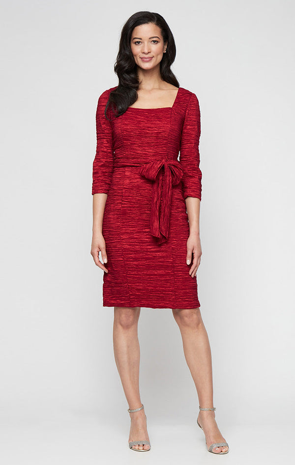 Short Crinkle Stretch Taffeta Sheath with Square Neckline and Tie Waist Detail