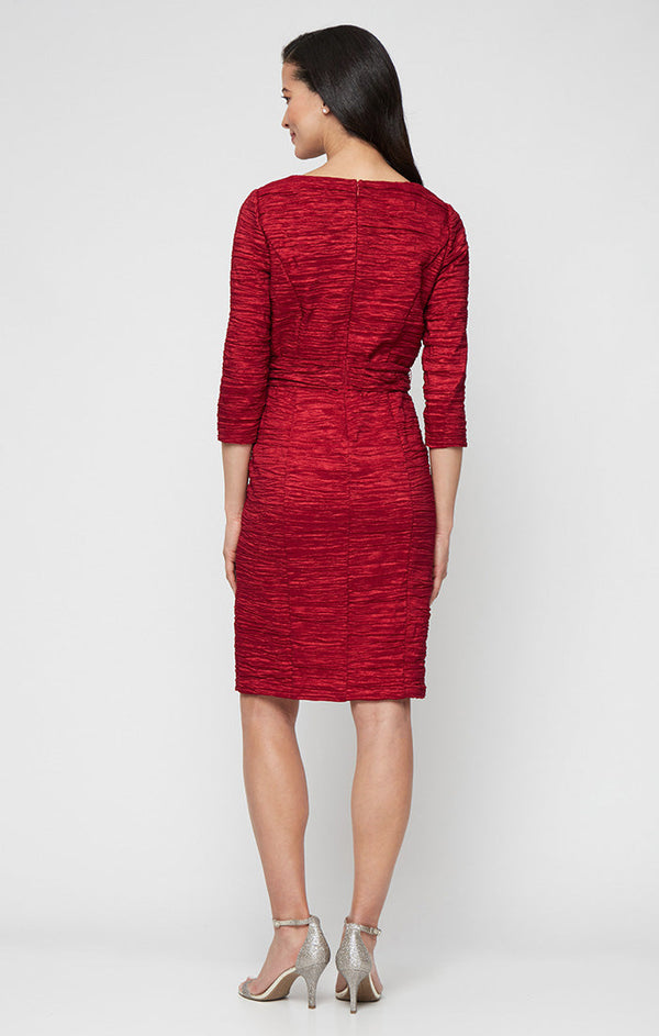 Short Crinkle Stretch Taffeta Sheath with Square Neckline and Tie Waist Detail