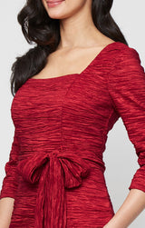 Short Crinkle Stretch Taffeta Sheath with Square Neckline and Tie Waist Detail