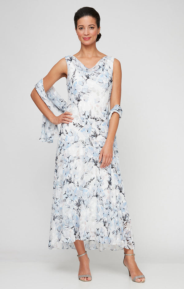 Regular - Floral Chiffon Sleeveless Dress with Cowl Neckline and Shawl
