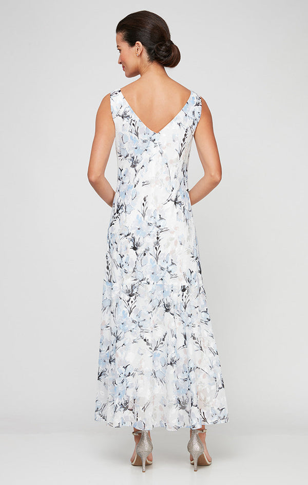Regular - Floral Chiffon Sleeveless Dress with Cowl Neckline and Shawl