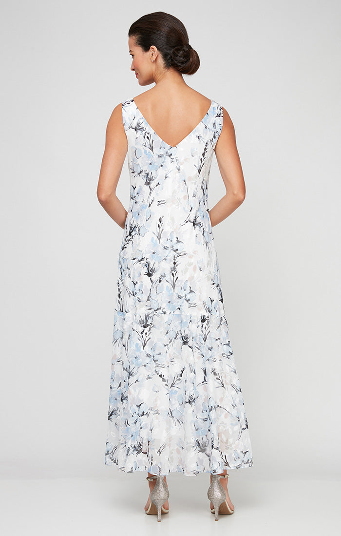 Regular - Floral Chiffon Sleeveless Dress with Cowl Neckline and Shawl