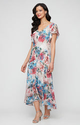 Regular - Tea Length Printed Chiffon Burnout Dress with V-Neckline and Flutter Sleeves