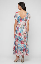 Regular - Tea Length Printed Chiffon Burnout Dress with V-Neckline and Flutter Sleeves