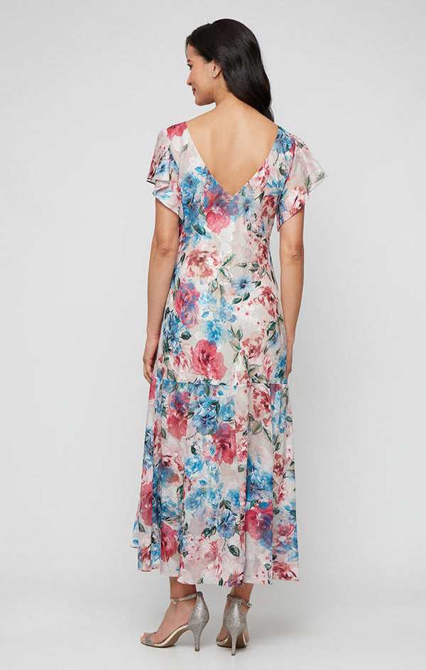 Regular - Tea Length Printed Chiffon Burnout Dress with V-Neckline and Flutter Sleeves