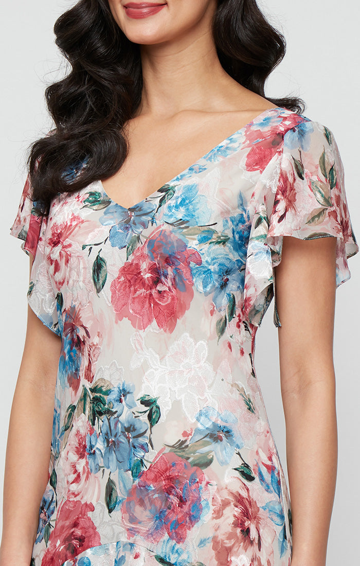 Regular - Tea Length Printed Chiffon Burnout Dress with V-Neckline and Flutter Sleeves