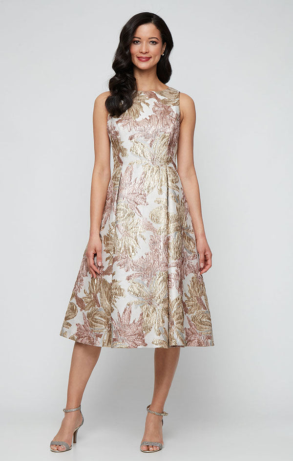 Plus Midi Sleeveless Printed Jacquard Dress with Full Skirt
