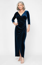 Long Surplice Neckline Velvet Dress with Tulip Overlay Hem Skirt and 3/4 Sleeves