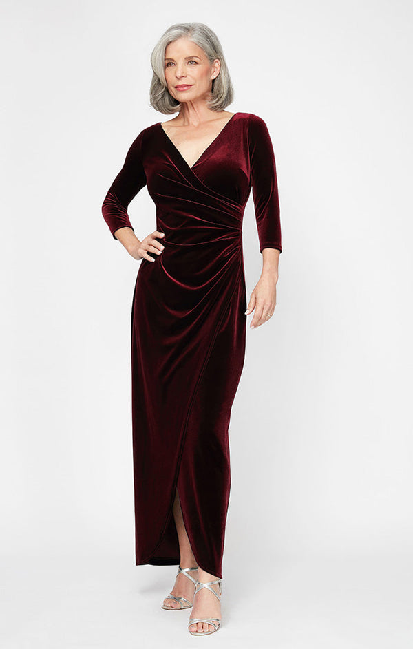 Surplice Neckline Velvet Long Dress with Tulip Overlay Hem Skirt