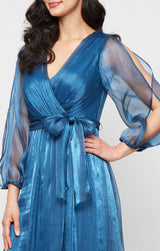Long Surplice Yoryu Dress with Illusion Bubble Hem Sleeves and Structured Belt