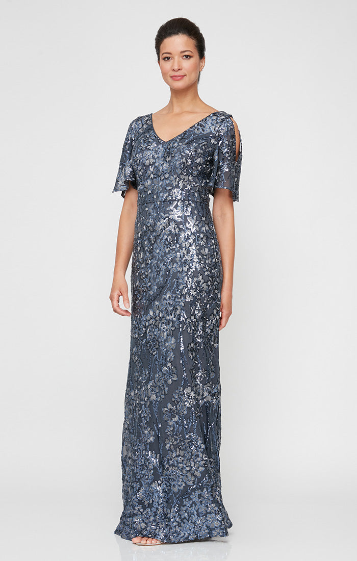 Caroline Flutter Sleeve Sequin Gown