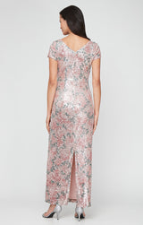 Printed Stretch Sequin Column Dress with Short Sleeves and Ruched Waist