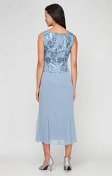 Plus Tea Length Stretch Crepe Sequin Mock Jacket Dress with Square Neckline, Chiffon Skirt and Center Front Button Closure