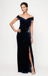 Petite Long Off the Shoulder Fit and Flare Dress With Surplice Sweetheart Neckline, Beaded Hip Detail and Front Slit