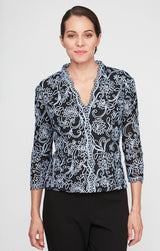 3/4 Sleeve Embroidered Blouse With Center Front Scallop Detail and Illusion Sleeves