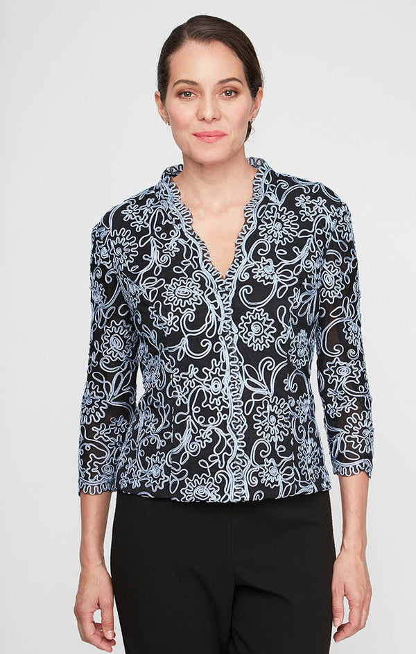 3/4 Sleeve Embroidered Blouse With Center Front Scallop Detail and Illusion Sleeves