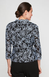 3/4 Sleeve Embroidered Blouse With Center Front Scallop Detail and Illusion Sleeves