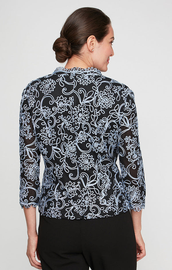 3/4 Sleeve Embroidered Blouse With Center Front Scallop Detail and Illusion Sleeves