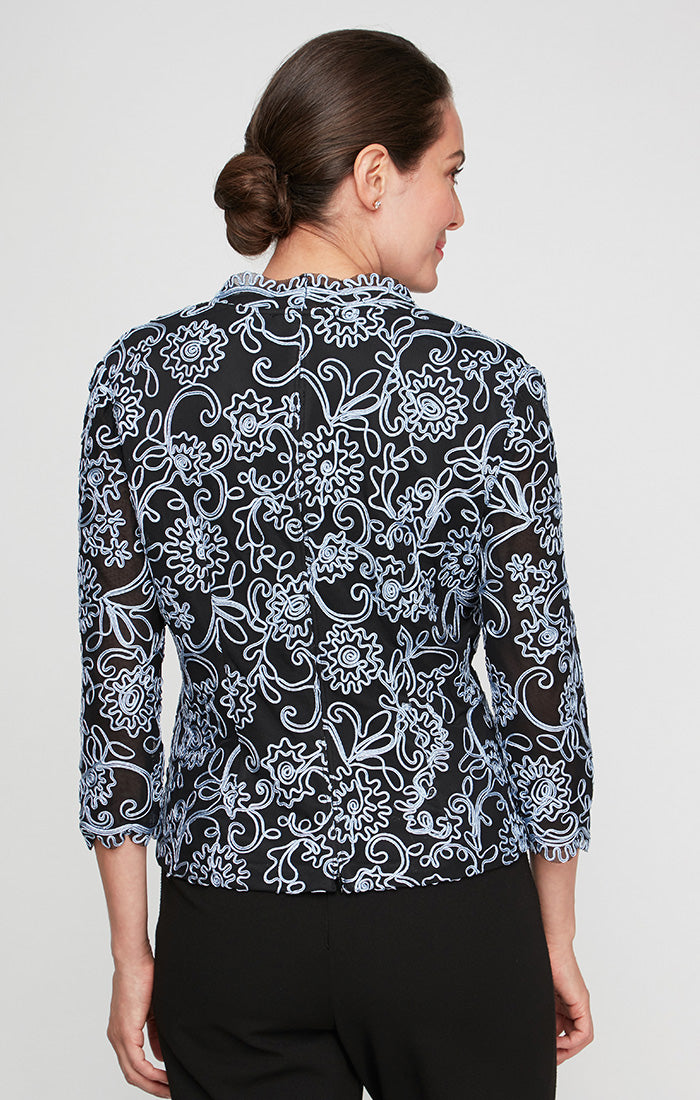 3/4 Sleeve Embroidered Blouse With Center Front Scallop Detail and Illusion Sleeves
