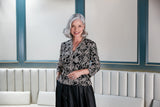 3/4 Sleeve Embroidered Blouse With Center Front Scallop Detail and Illusion Sleeves