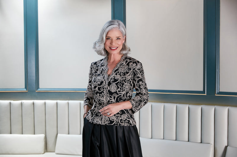 3/4 Sleeve Embroidered Blouse With Center Front Scallop Detail and Illusion Sleeves