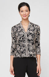 3/4 Sleeve Embroidered Blouse With Center Front Scallop Detail and Illusion Sleeves