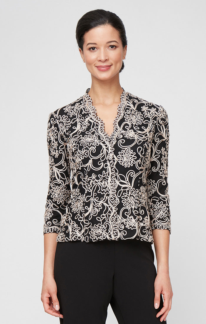 3/4 Sleeve Embroidered Blouse With Center Front Scallop Detail and Illusion Sleeves