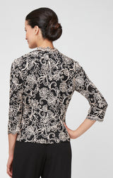 3/4 Sleeve Embroidered Blouse With Center Front Scallop Detail and Illusion Sleeves