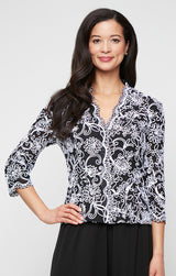 Regular - Embroidered Blouse with Center Front Scallop Detail and Illusion Sleeves