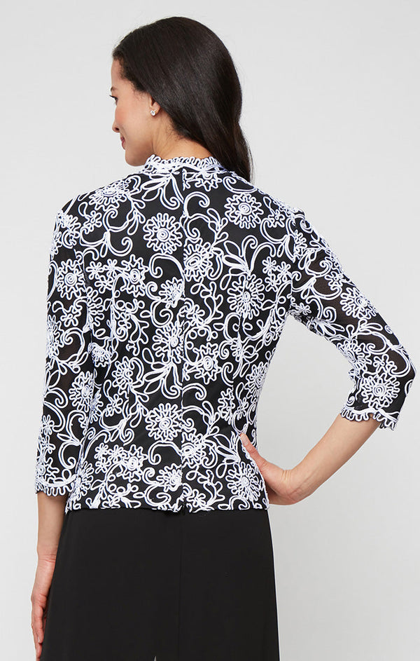 Regular - Embroidered Blouse with Center Front Scallop Detail and Illusion Sleeves