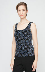 Regular - 3/4 Sleeve Printed Mandarin Neck Glitter Knit Twinset with Scoop Neck Tank and Hook Neck Closure Jacket