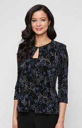 3/4 Sleeve Printed Glitter Slinky Knit Twinset with Scoop Neck Tank and Hook Neck Closure Jacket