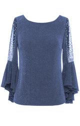 Plus 3/4 Sleeve Blouse With Beaded Illusion Detail and Cascade Bell Sleeves