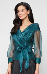 3/4 Sleeve Organza Blouse with Portrait Collar Neckline, Illusion Sleeves and Tie Waist