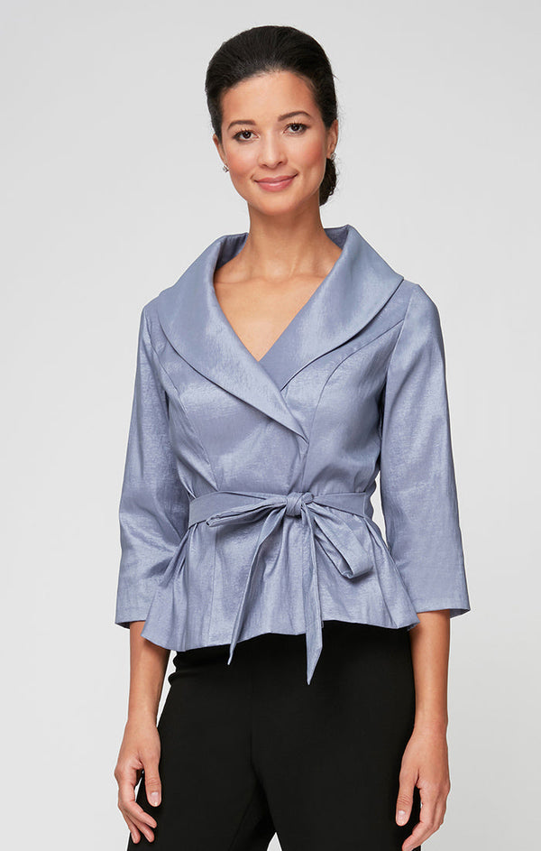 Regular - 3/4 Sleeve Surplice Stretch Taffeta Blouse with Tie Waist Detail