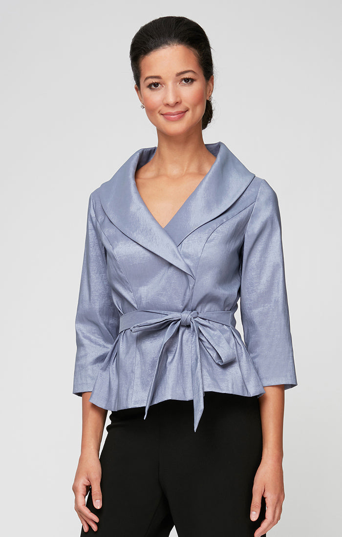 Regular - 3/4 Sleeve Surplice Stretch Taffeta Blouse with Tie Waist Detail