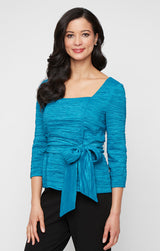 Petite 3/4 Sleeve Crinkle Stretch Taffeta Blouse with Square Neckline and Tie Belt