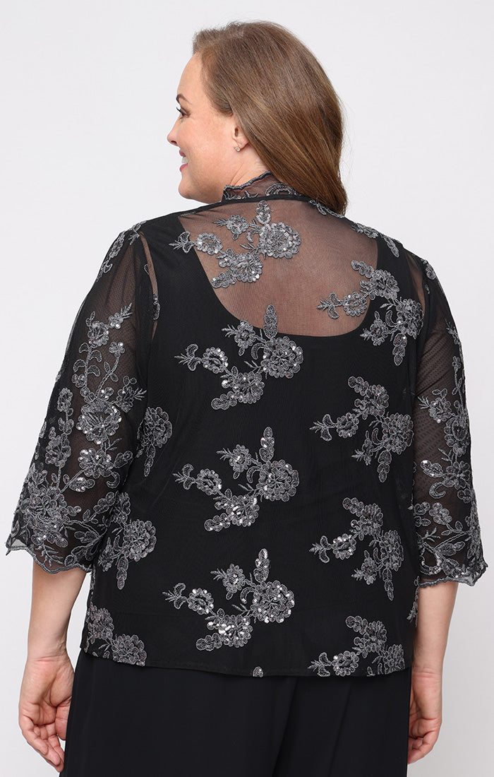 Plus 3/4 Sleeve Embroidered Twinset with Scoop Neck Tank, Open Jacket and Scallop Detail