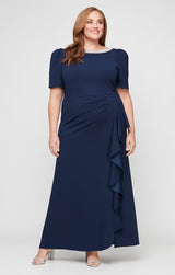 Plus Long Embellished Neck Dress with Elbow Sleeves and Cascade Detail Skirt