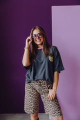 Loose Fit Leopard Jorts - Grey Morn