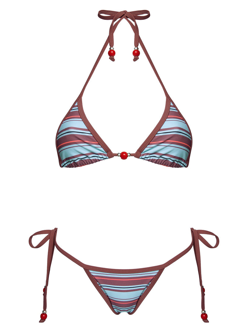 Mikaya Beaded Triangle Bikini Top Blue / Brown Stripe