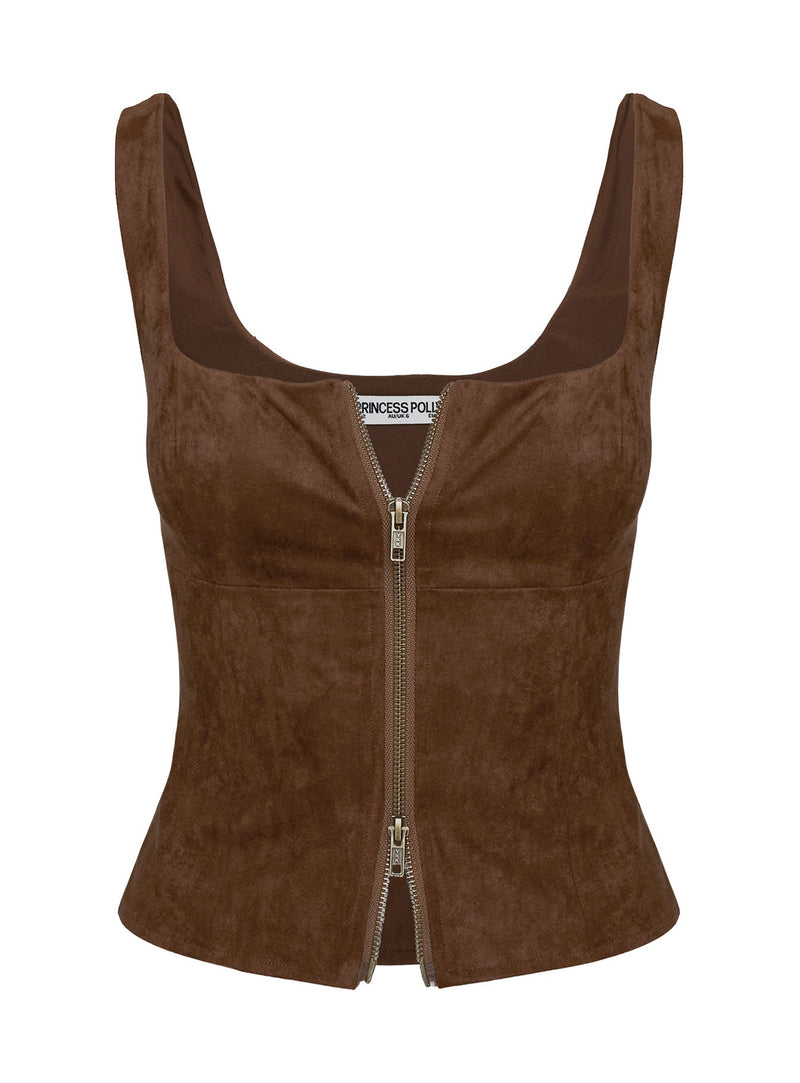 Rodeo Faux Suede Zip Through Top Brown